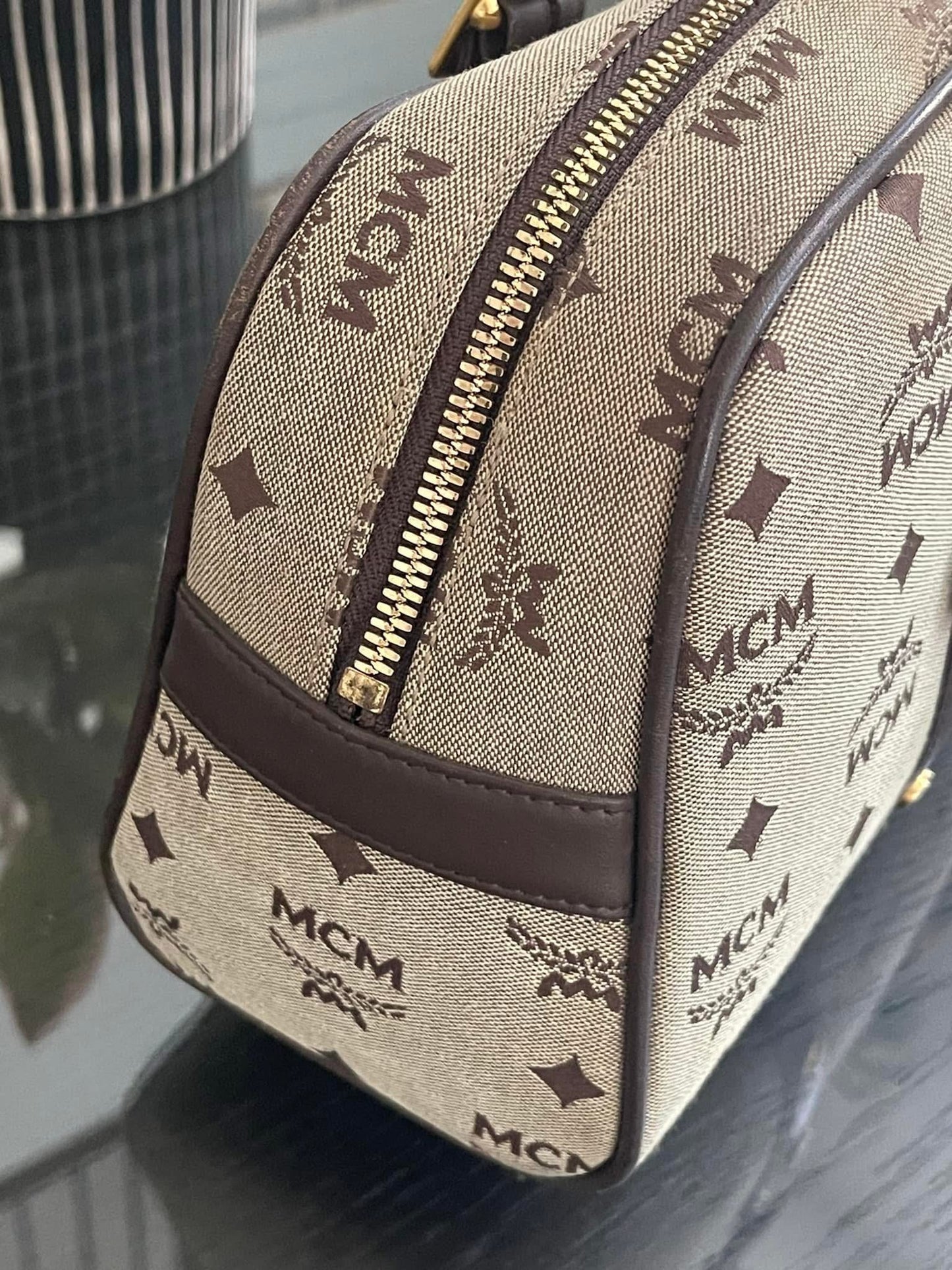MCM Studded Logo Motifs Brown Canvas Leather Shoulder Bag