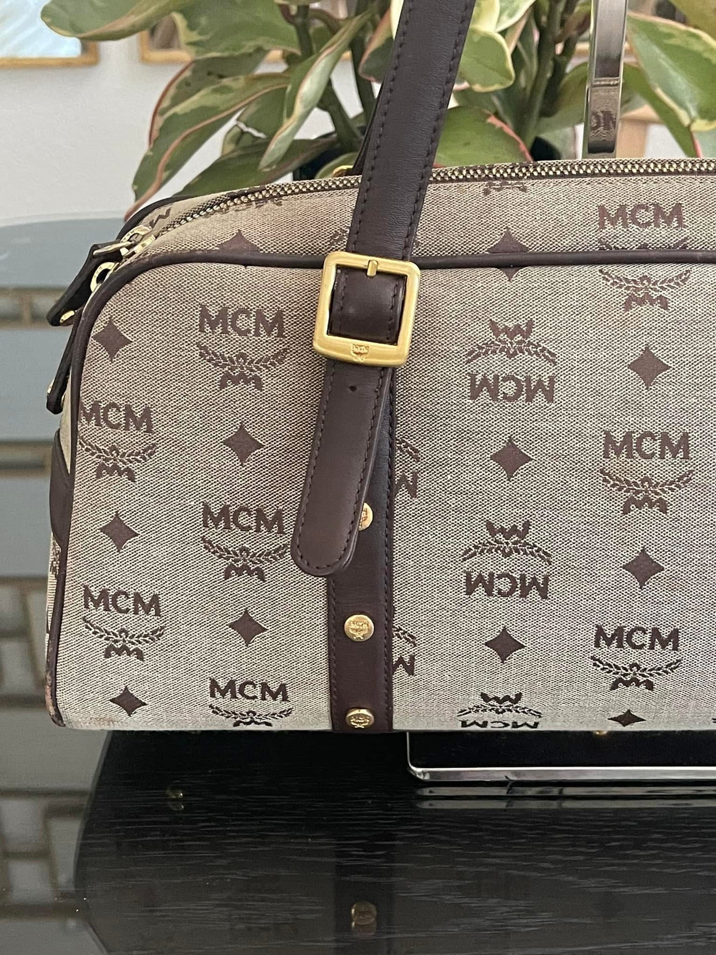 MCM Studded Logo Motifs Brown Canvas Leather Shoulder Bag
