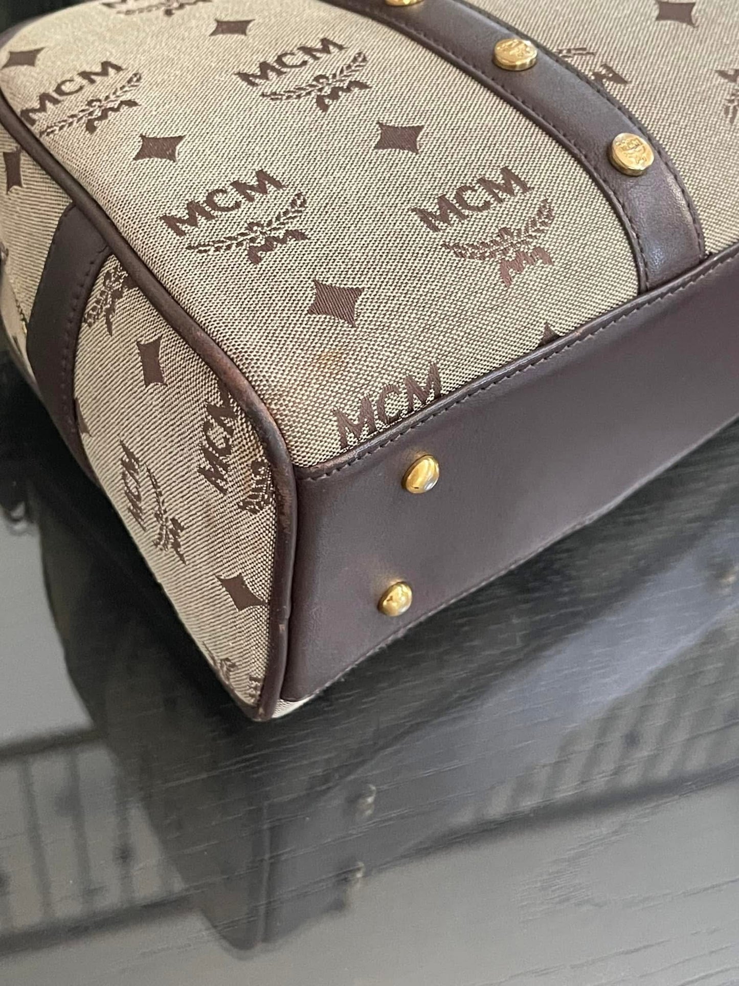 MCM Studded Logo Motifs Brown Canvas Leather Shoulder Bag