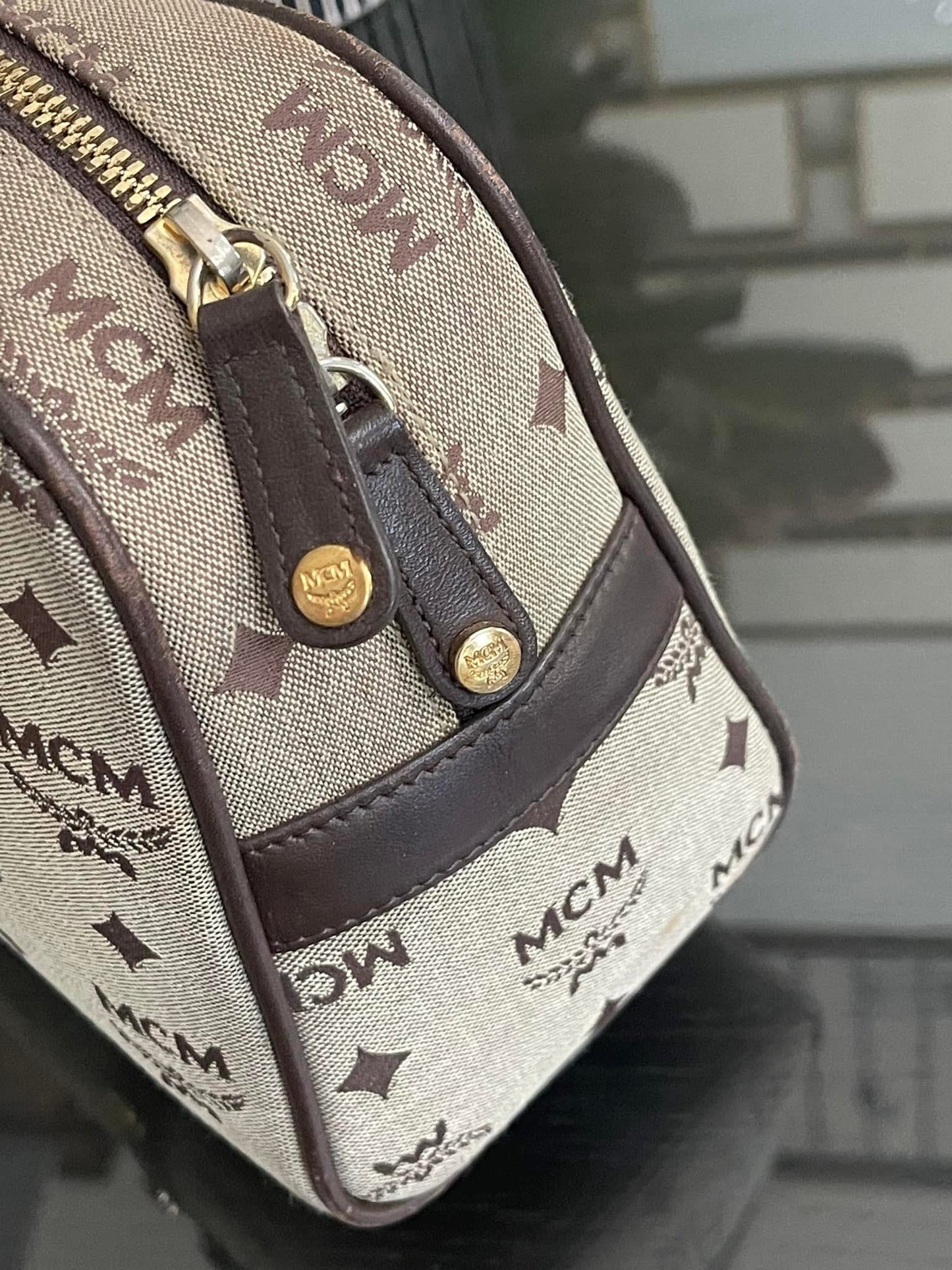 MCM Studded Logo Motifs Brown Canvas Leather Shoulder Bag
