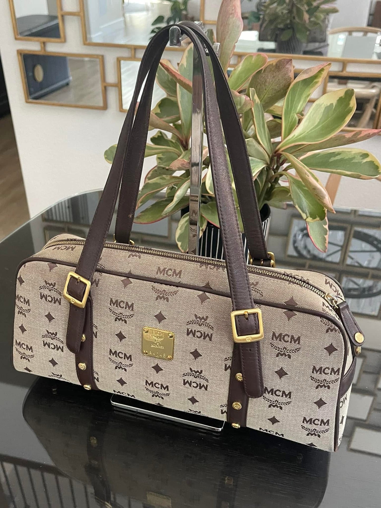 MCM Studded Logo Motifs Brown Canvas Leather Shoulder Bag