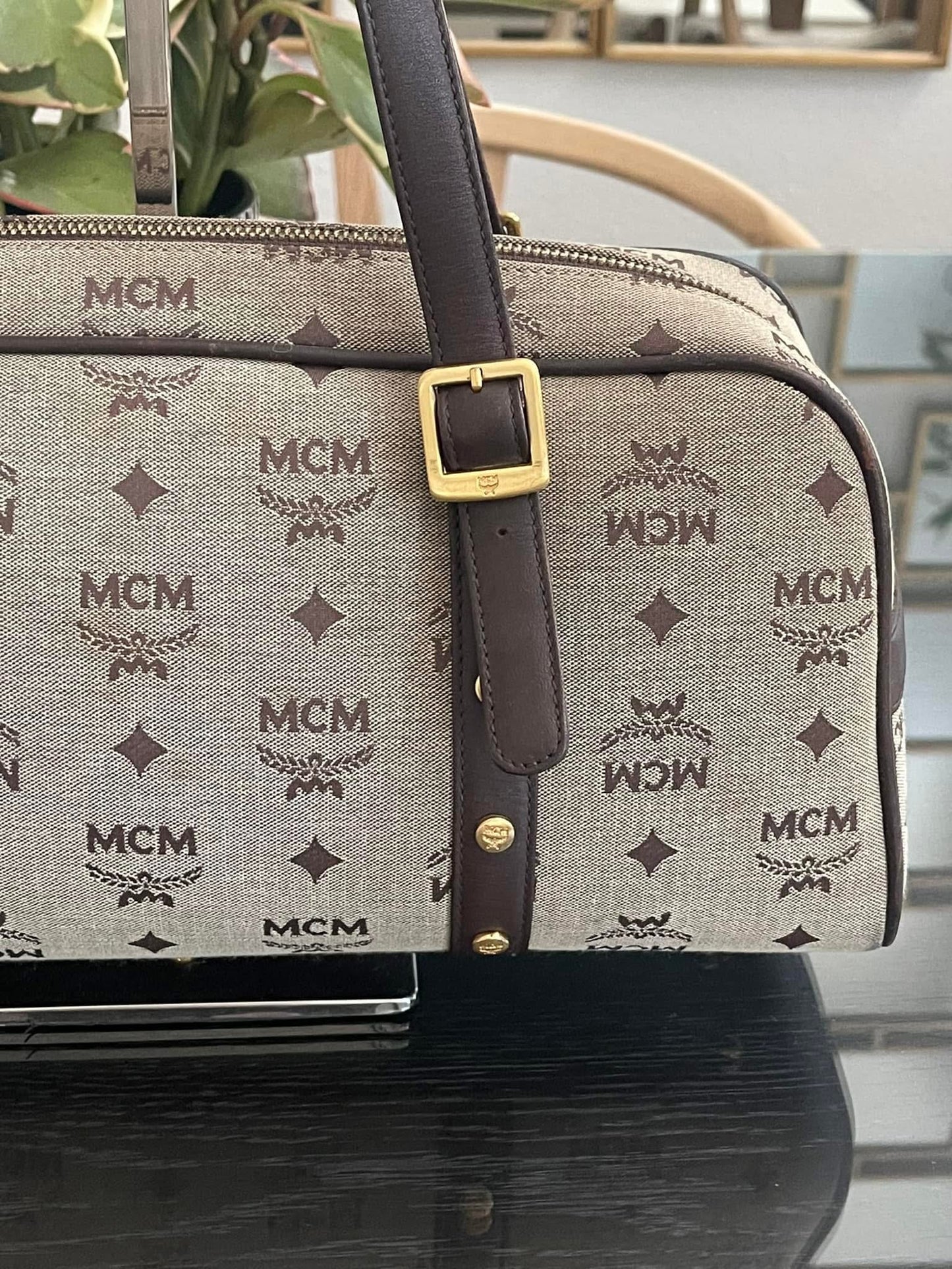 MCM Studded Logo Motifs Brown Canvas Leather Shoulder Bag