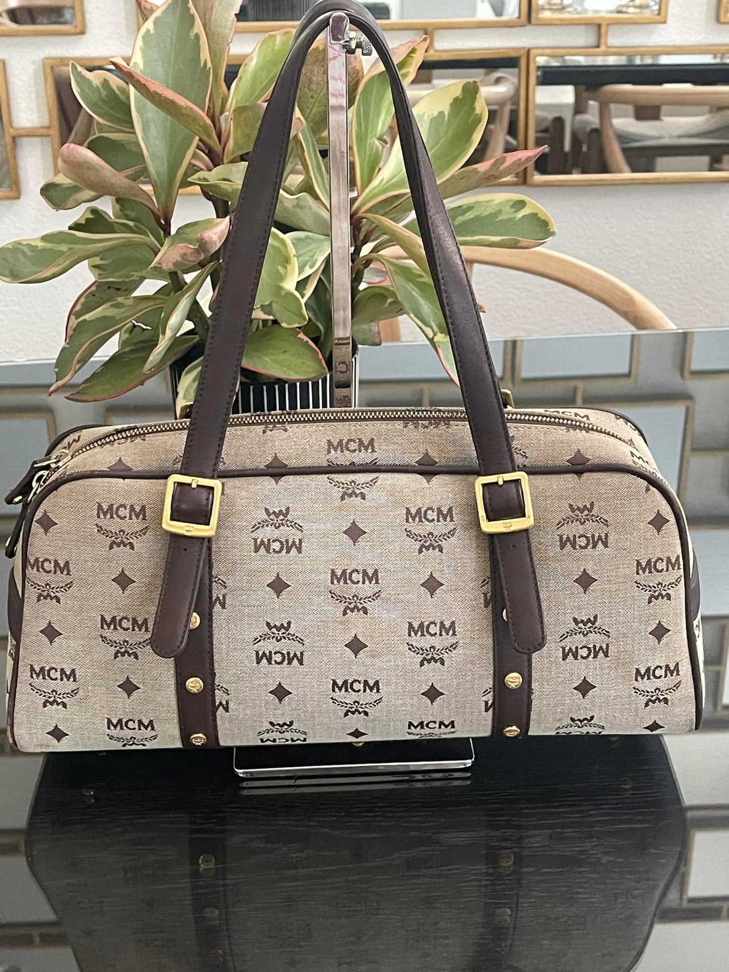 MCM Studded Logo Motifs Brown Canvas Leather Shoulder Bag