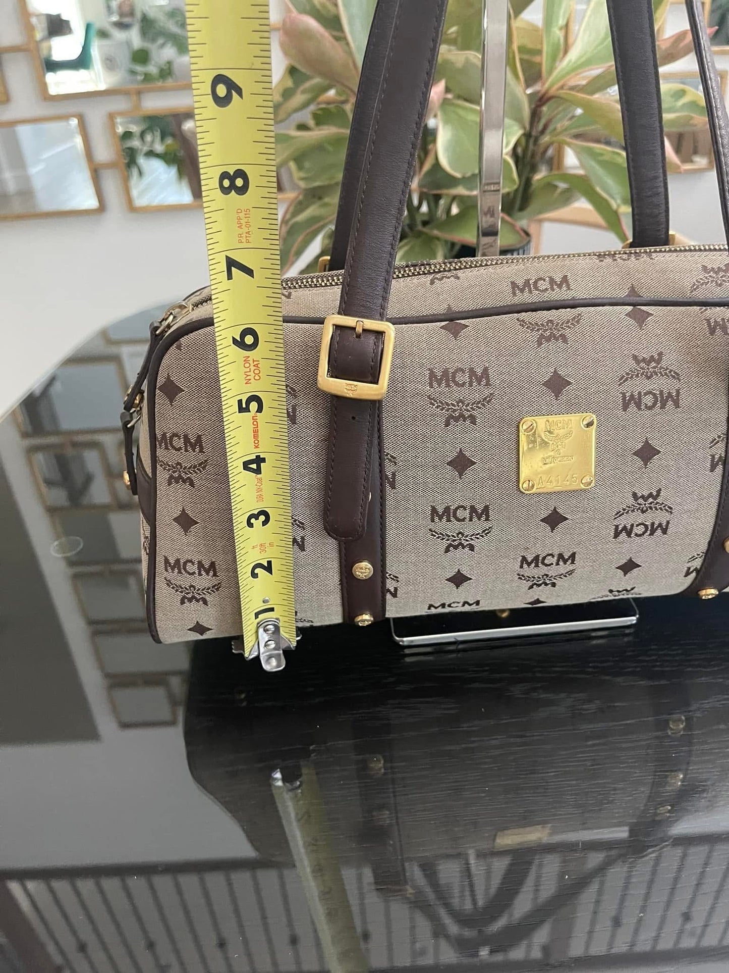 MCM Studded Logo Motifs Brown Canvas Leather Shoulder Bag