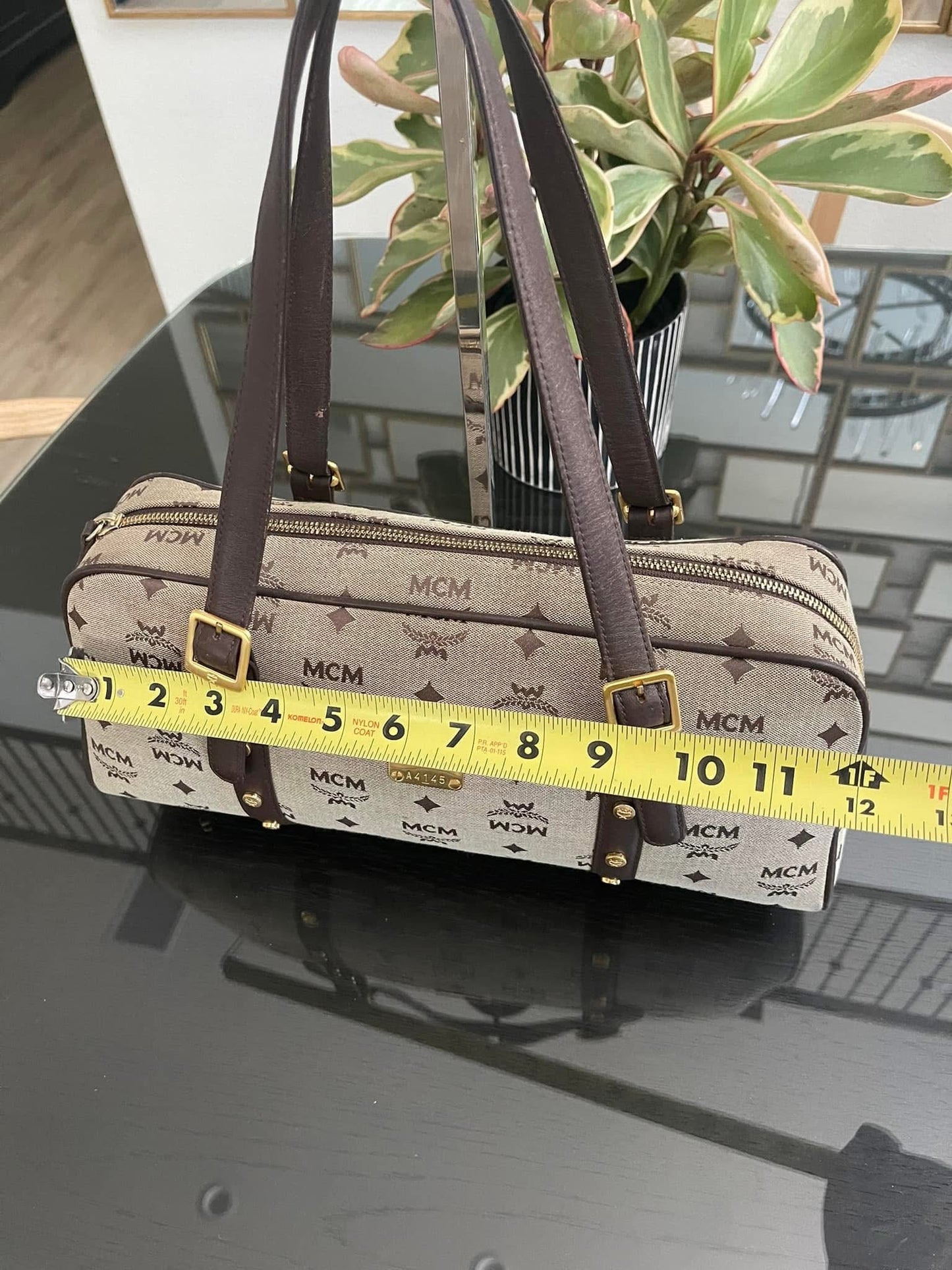 MCM Studded Logo Motifs Brown Canvas Leather Shoulder Bag