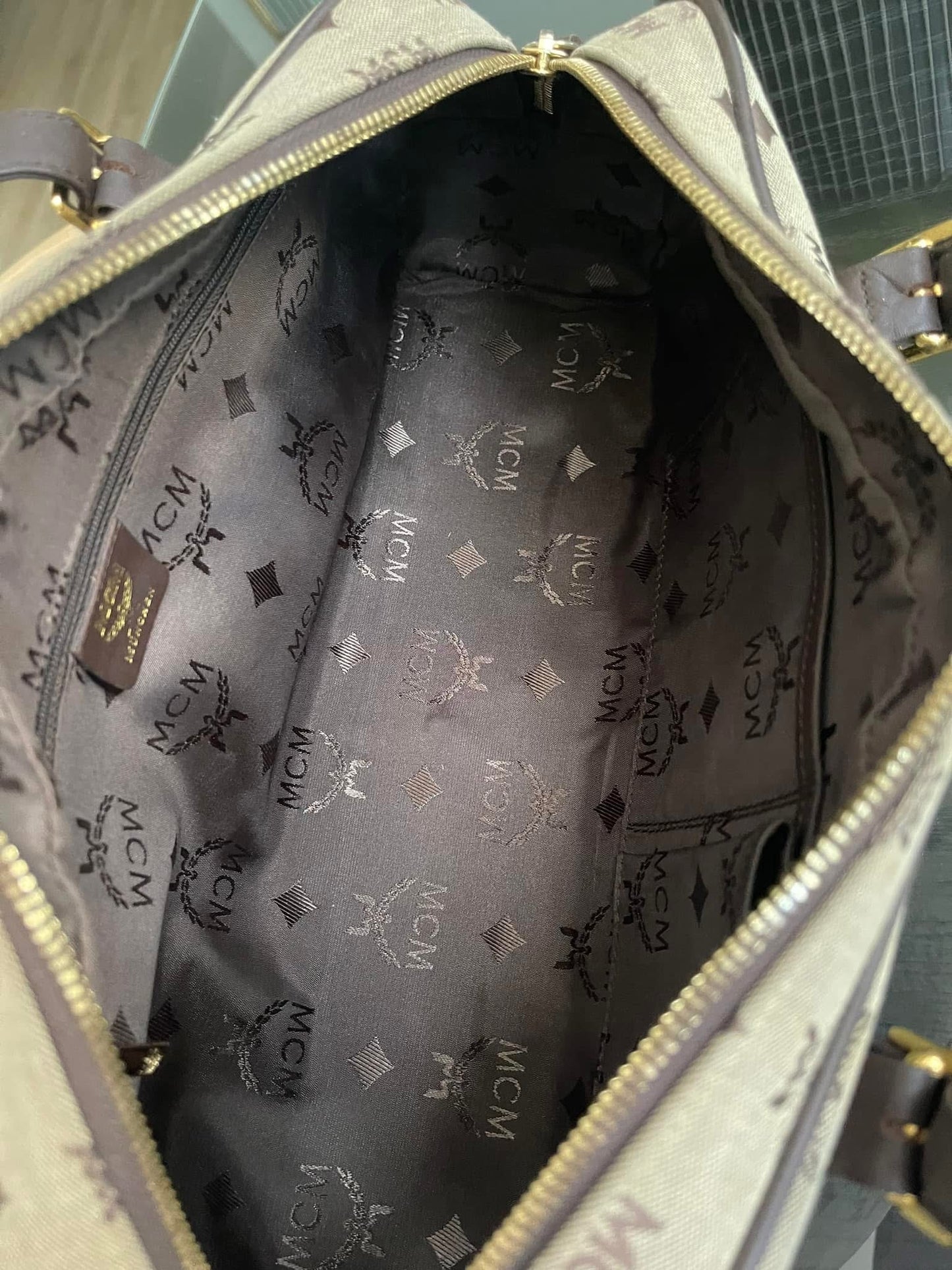 MCM Studded Logo Motifs Brown Canvas Leather Shoulder Bag