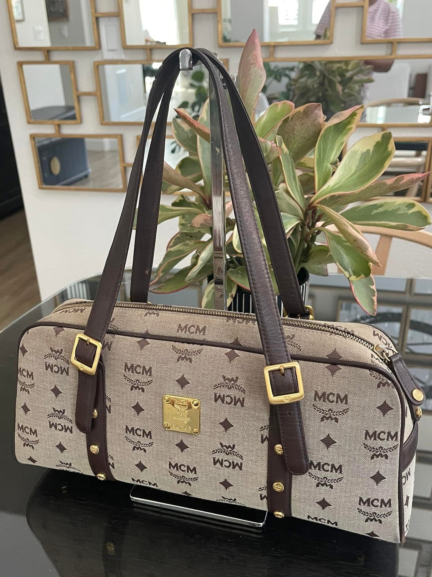 MCM Studded Logo Motifs Brown Canvas Leather Shoulder Bag