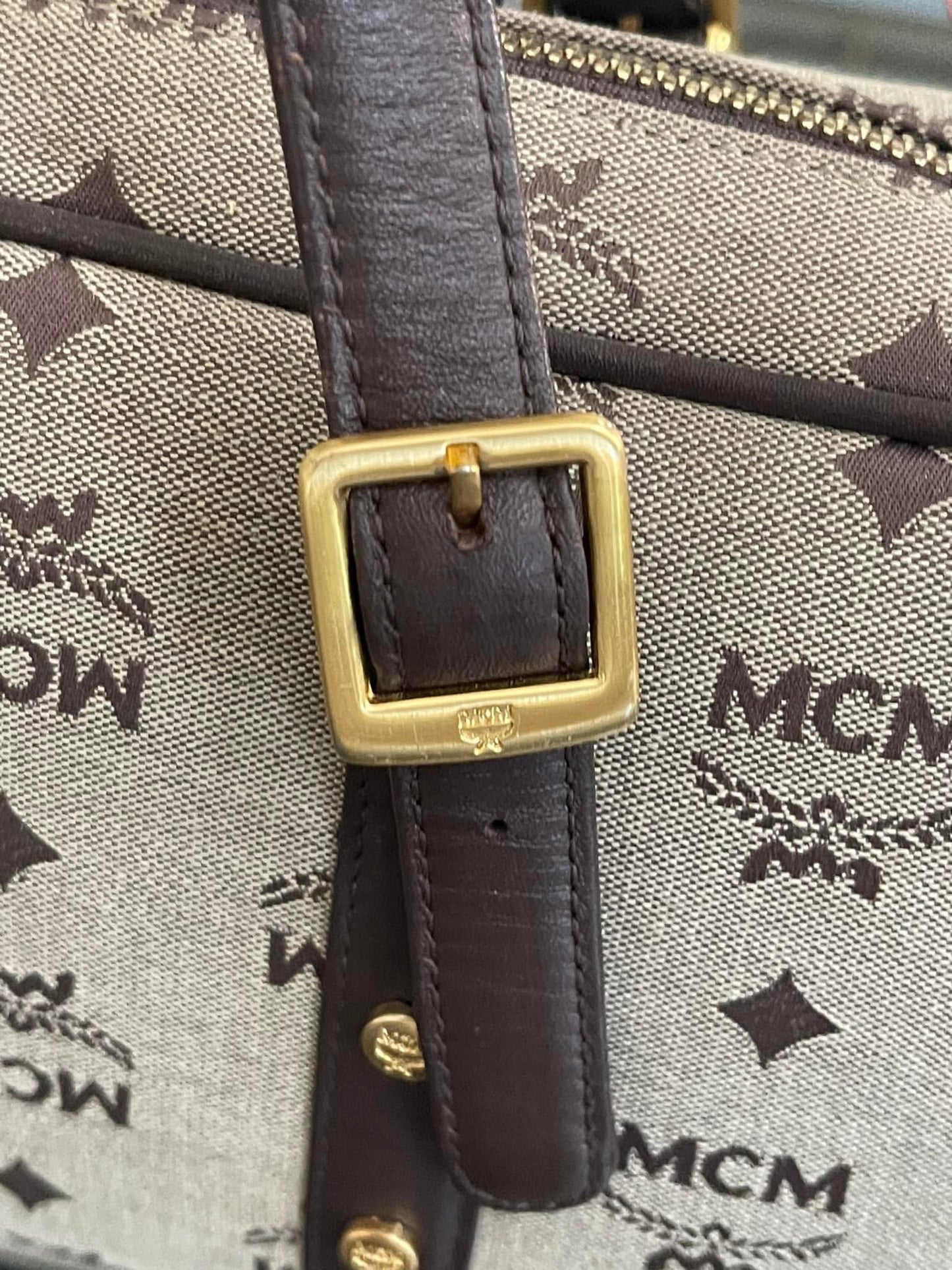 MCM Studded Logo Motifs Brown Canvas Leather Shoulder Bag