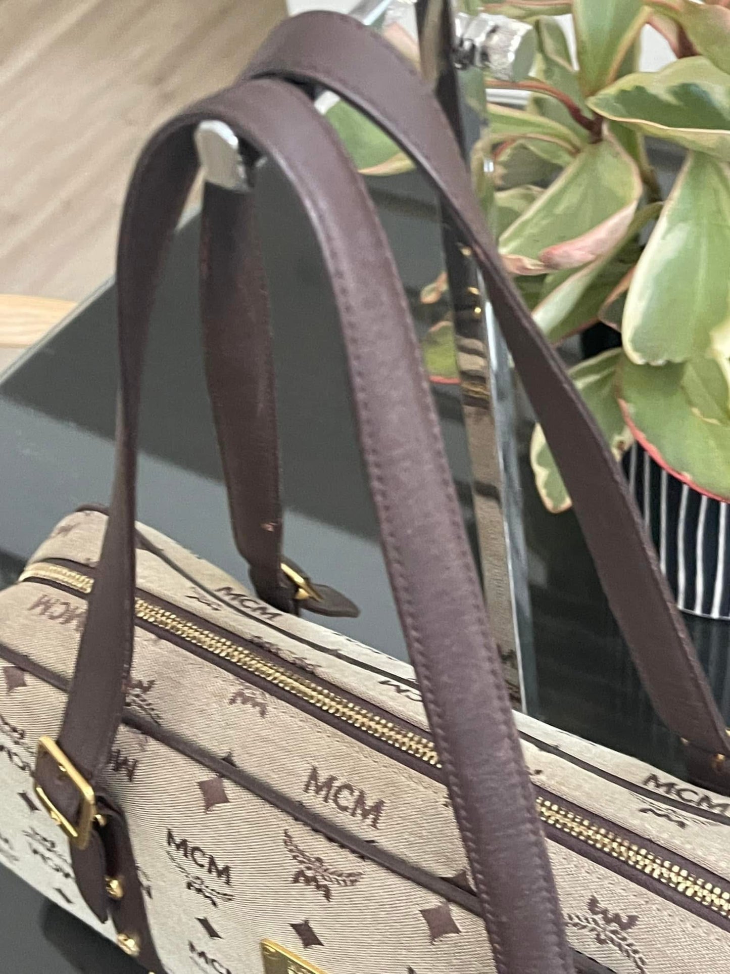 MCM Studded Logo Motifs Brown Canvas Leather Shoulder Bag