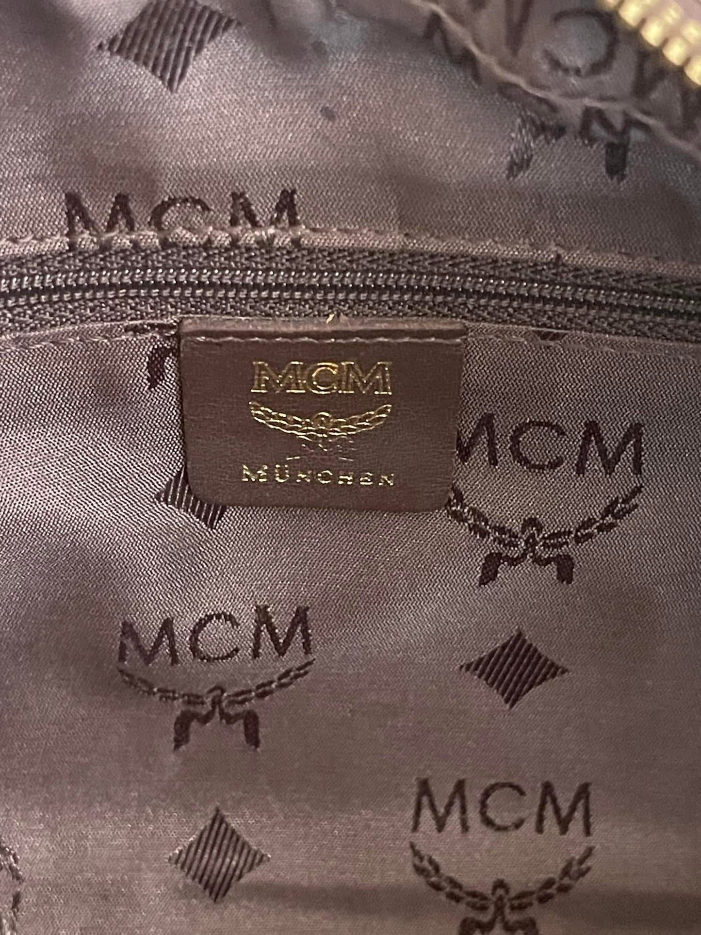 MCM Studded Logo Motifs Brown Canvas Leather Shoulder Bag