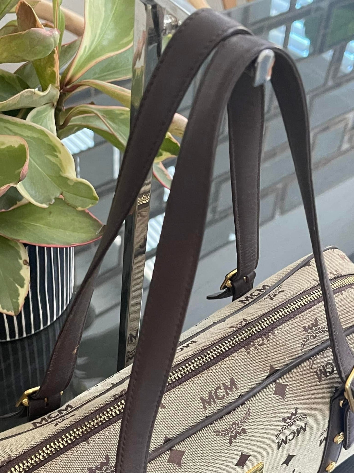 MCM Studded Logo Motifs Brown Canvas Leather Shoulder Bag