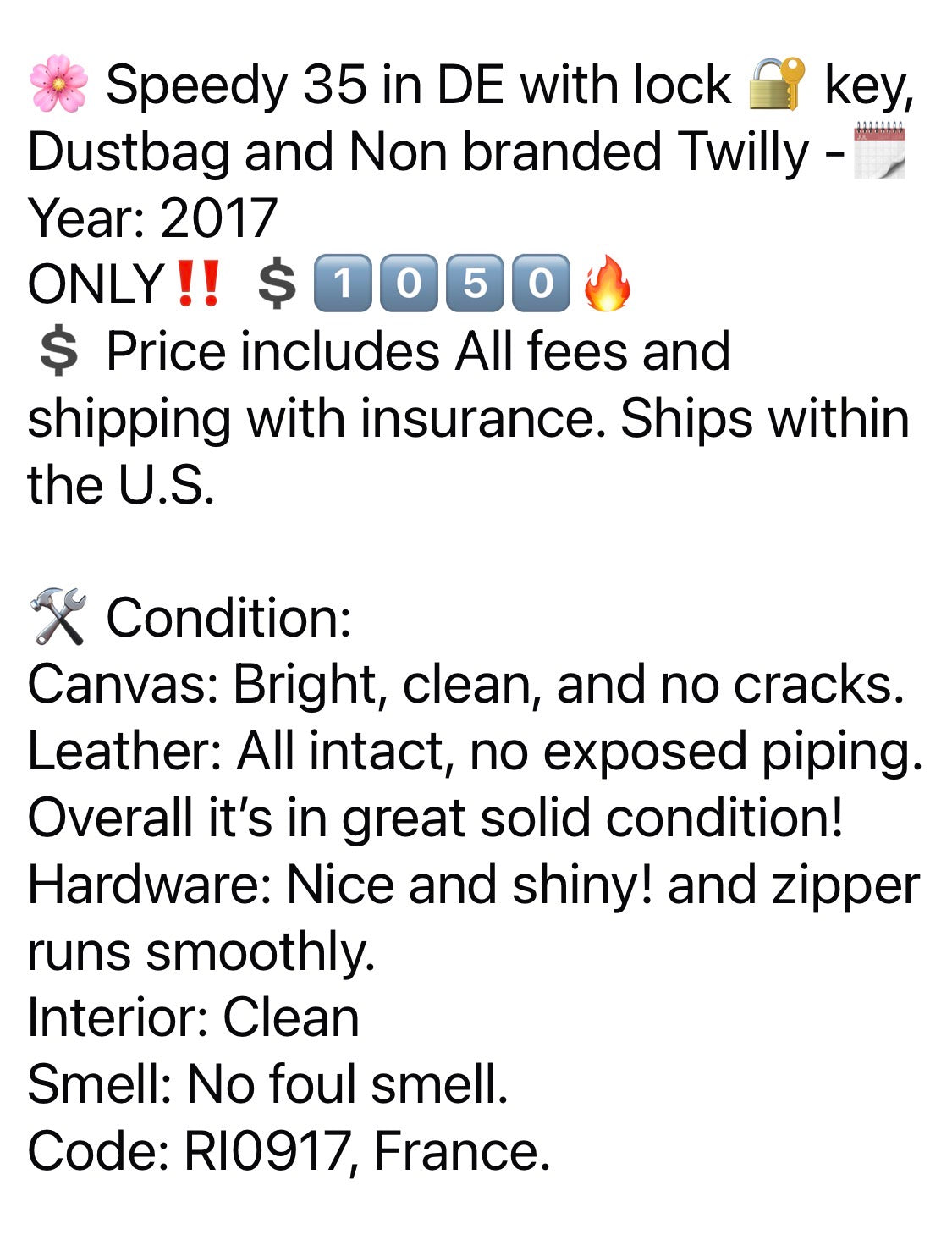 Speedy 35 in DE with lock 🔐 key, Dustbag and Non branded Twilly -🗓️ Year: 2017