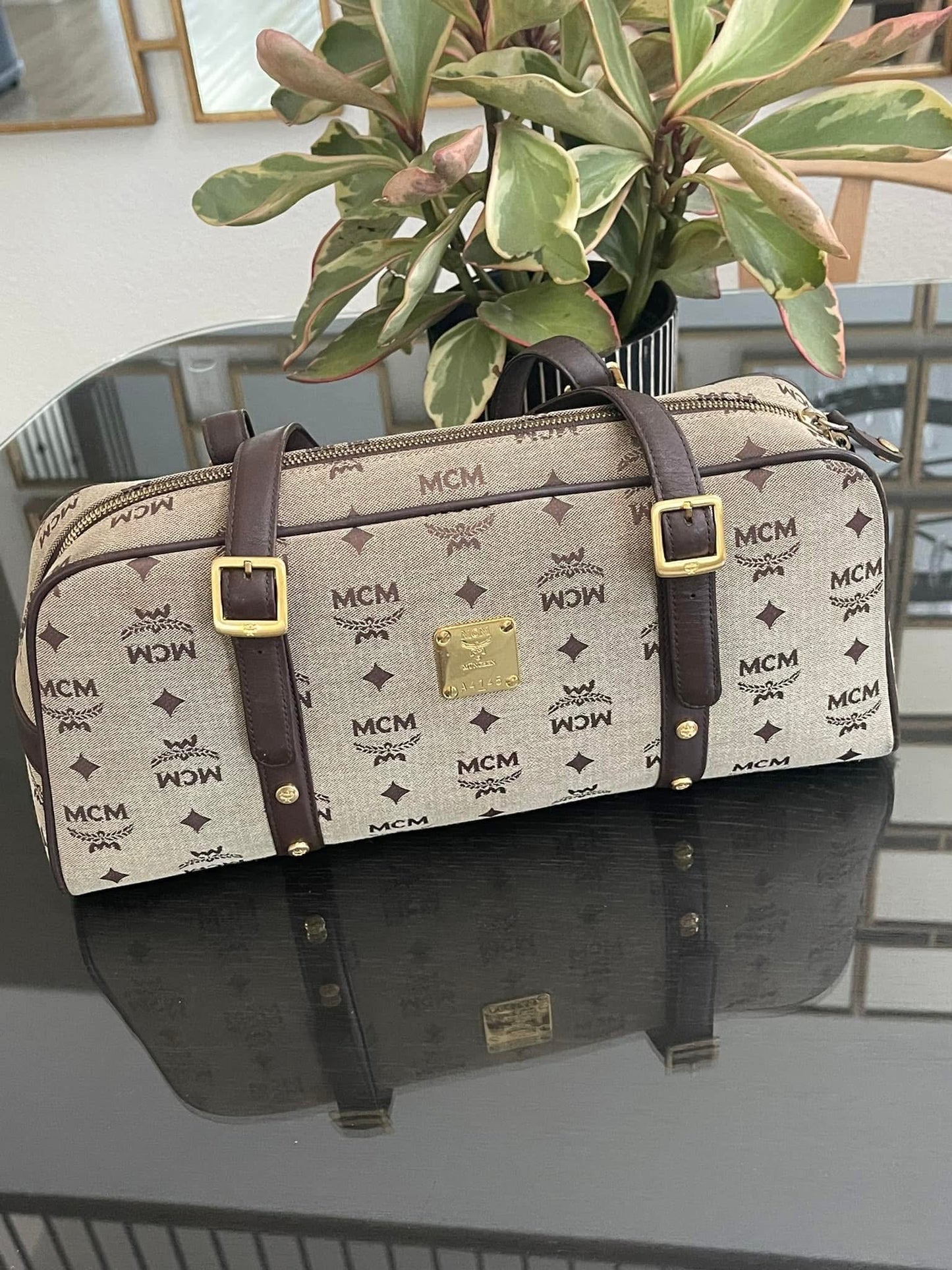 MCM Studded Logo Motifs Brown Canvas Leather Shoulder Bag