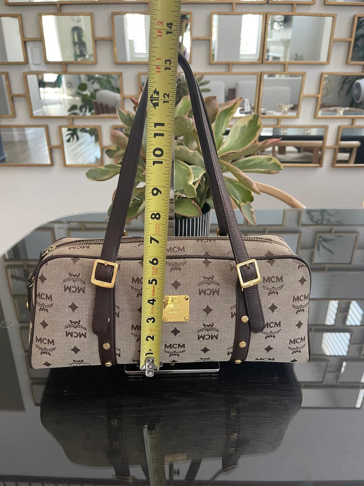 MCM Studded Logo Motifs Brown Canvas Leather Shoulder Bag