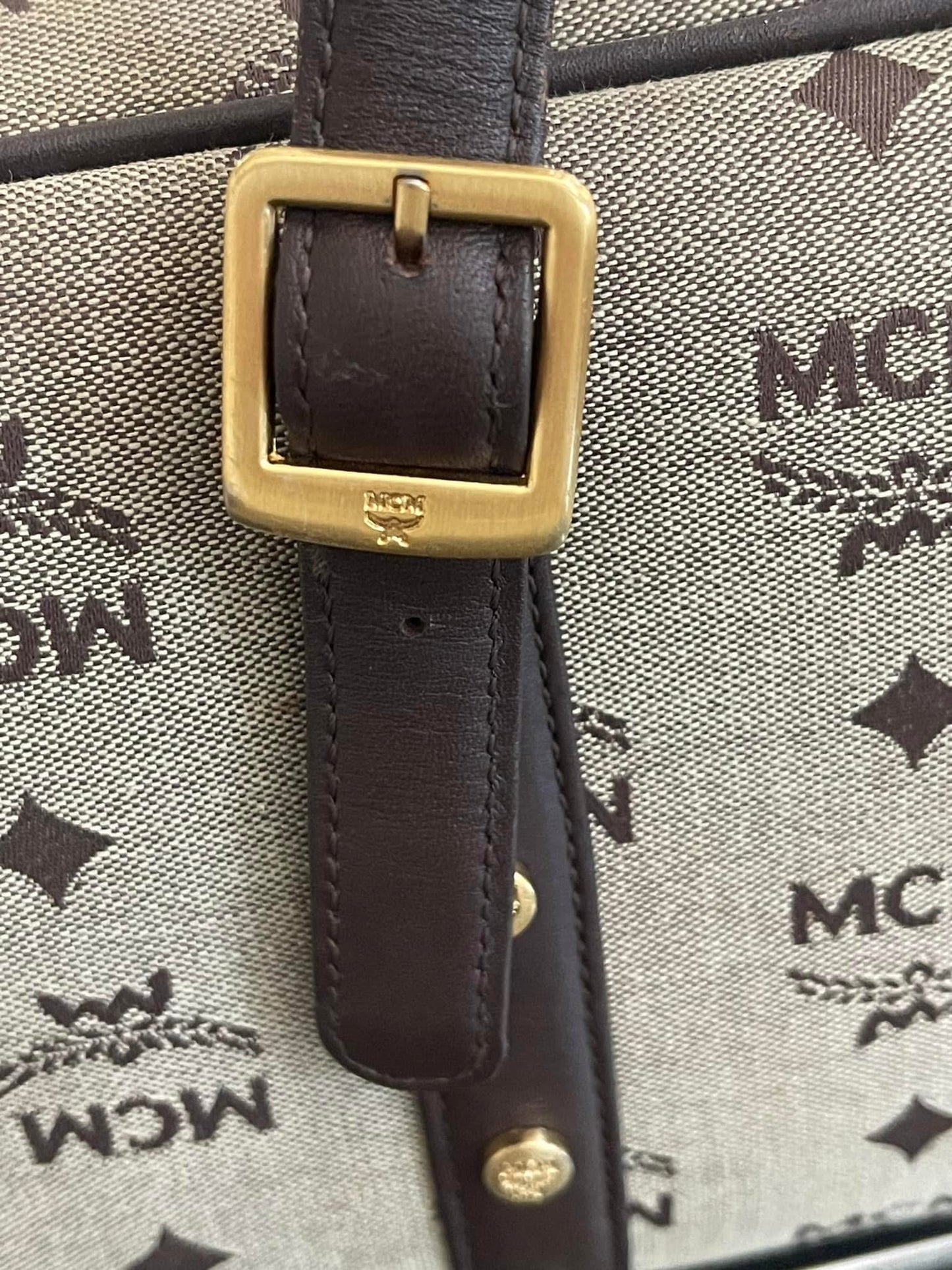MCM Studded Logo Motifs Brown Canvas Leather Shoulder Bag