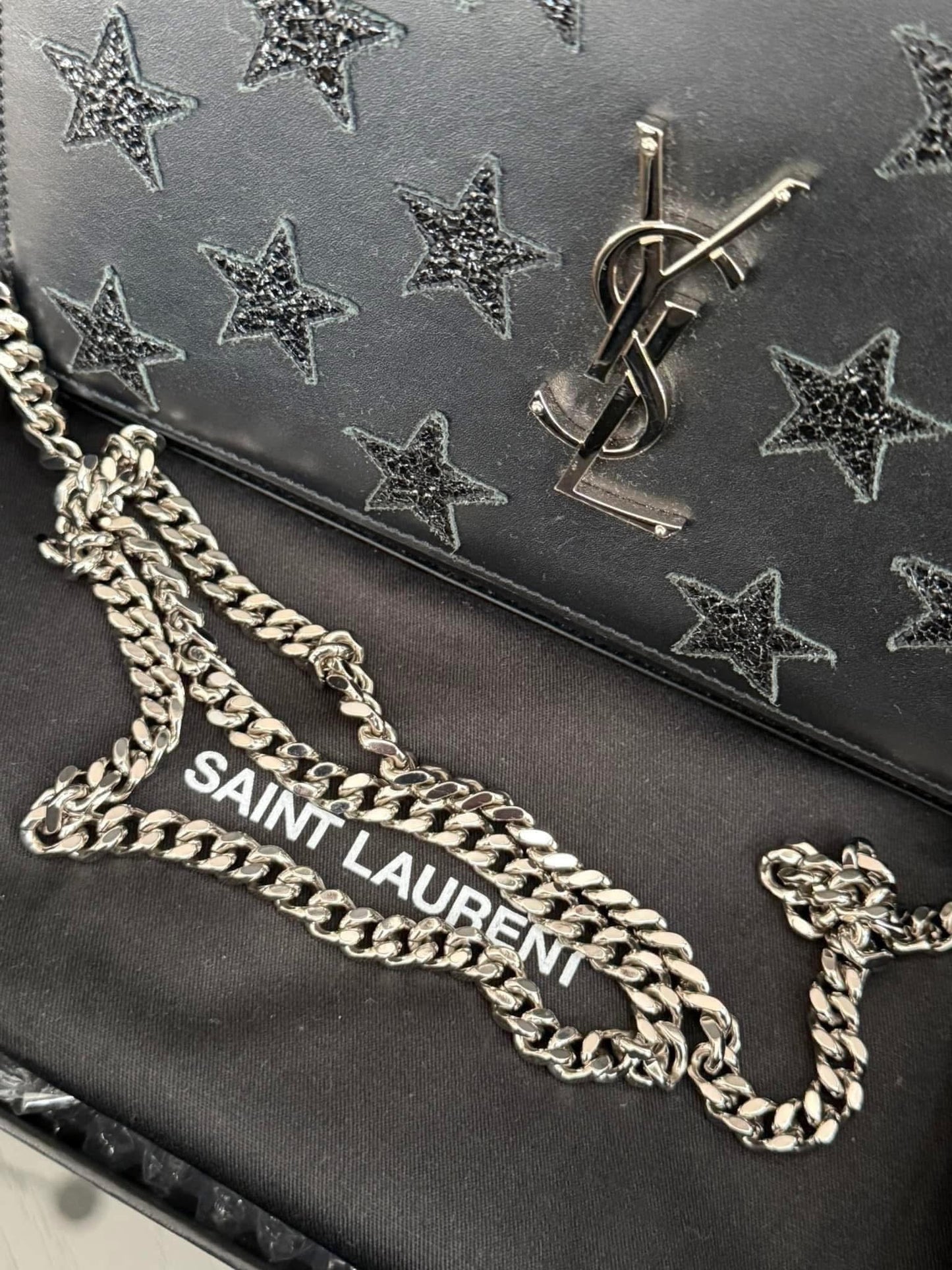 Kate Stars Calfskin Leather Chain Clutch Crossbody 📦 With Box, Dustbag, Cards, and Paper Bag