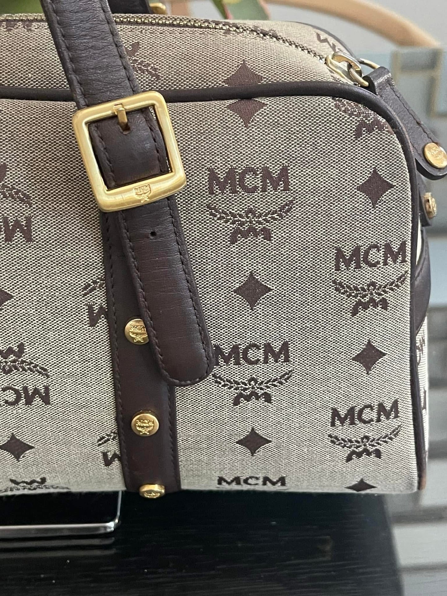 MCM Studded Logo Motifs Brown Canvas Leather Shoulder Bag