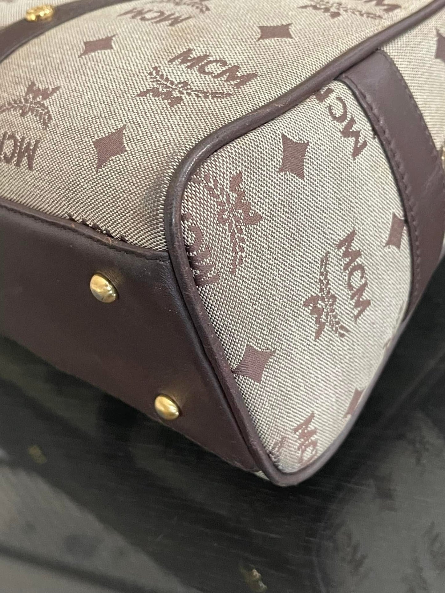 MCM Studded Logo Motifs Brown Canvas Leather Shoulder Bag