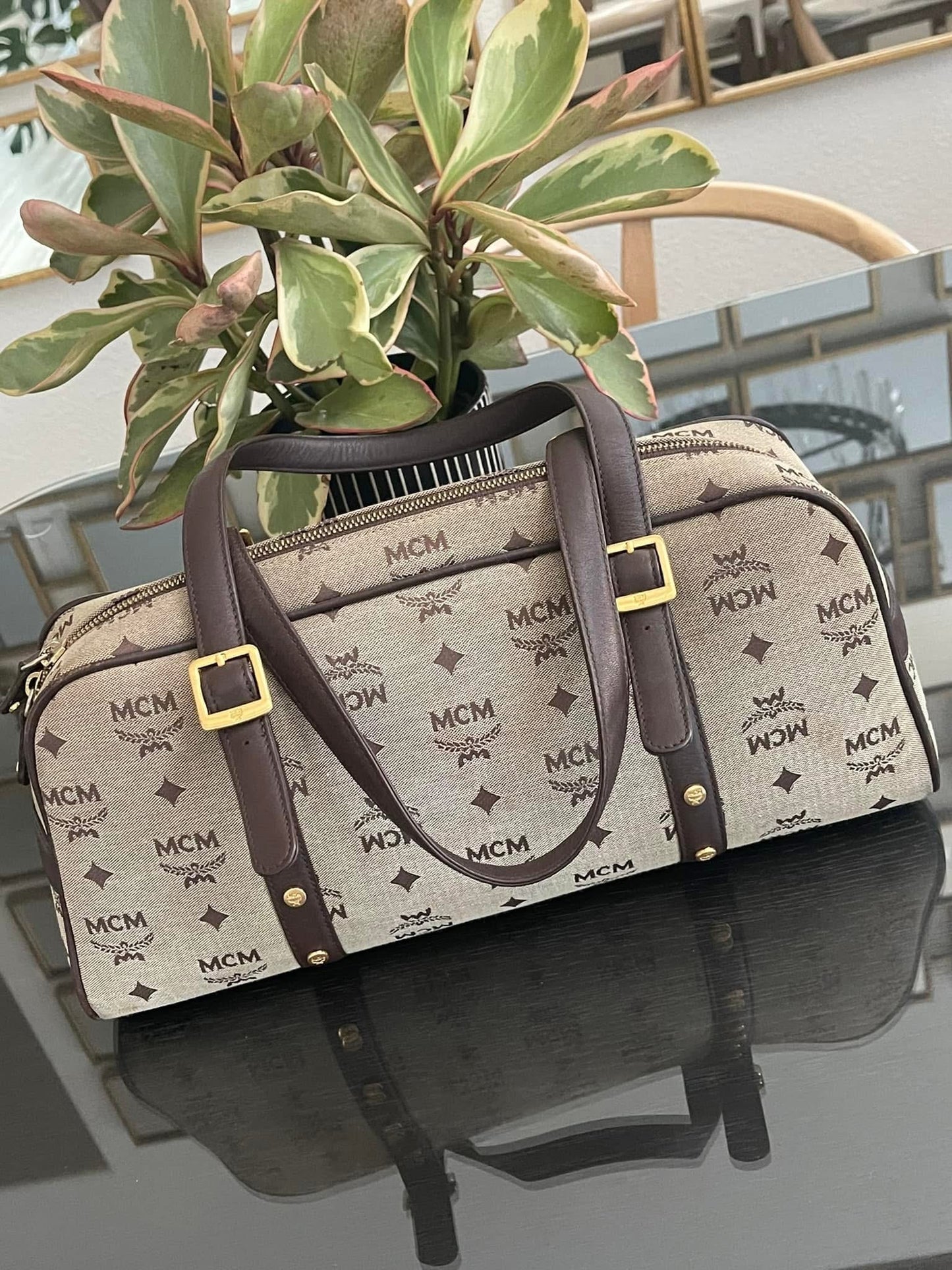 MCM Studded Logo Motifs Brown Canvas Leather Shoulder Bag