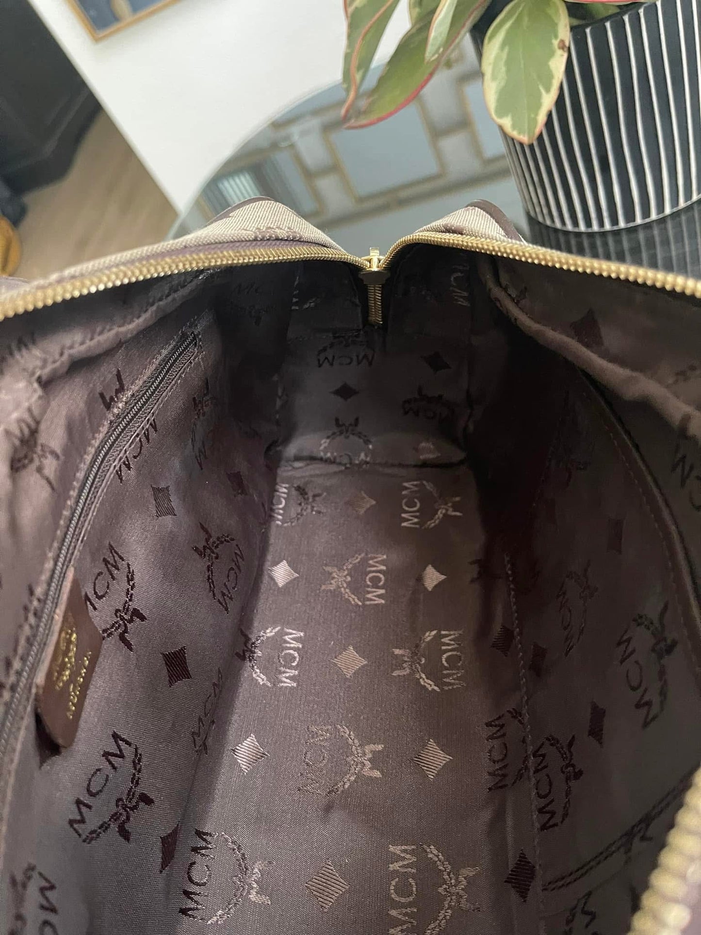 MCM Studded Logo Motifs Brown Canvas Leather Shoulder Bag