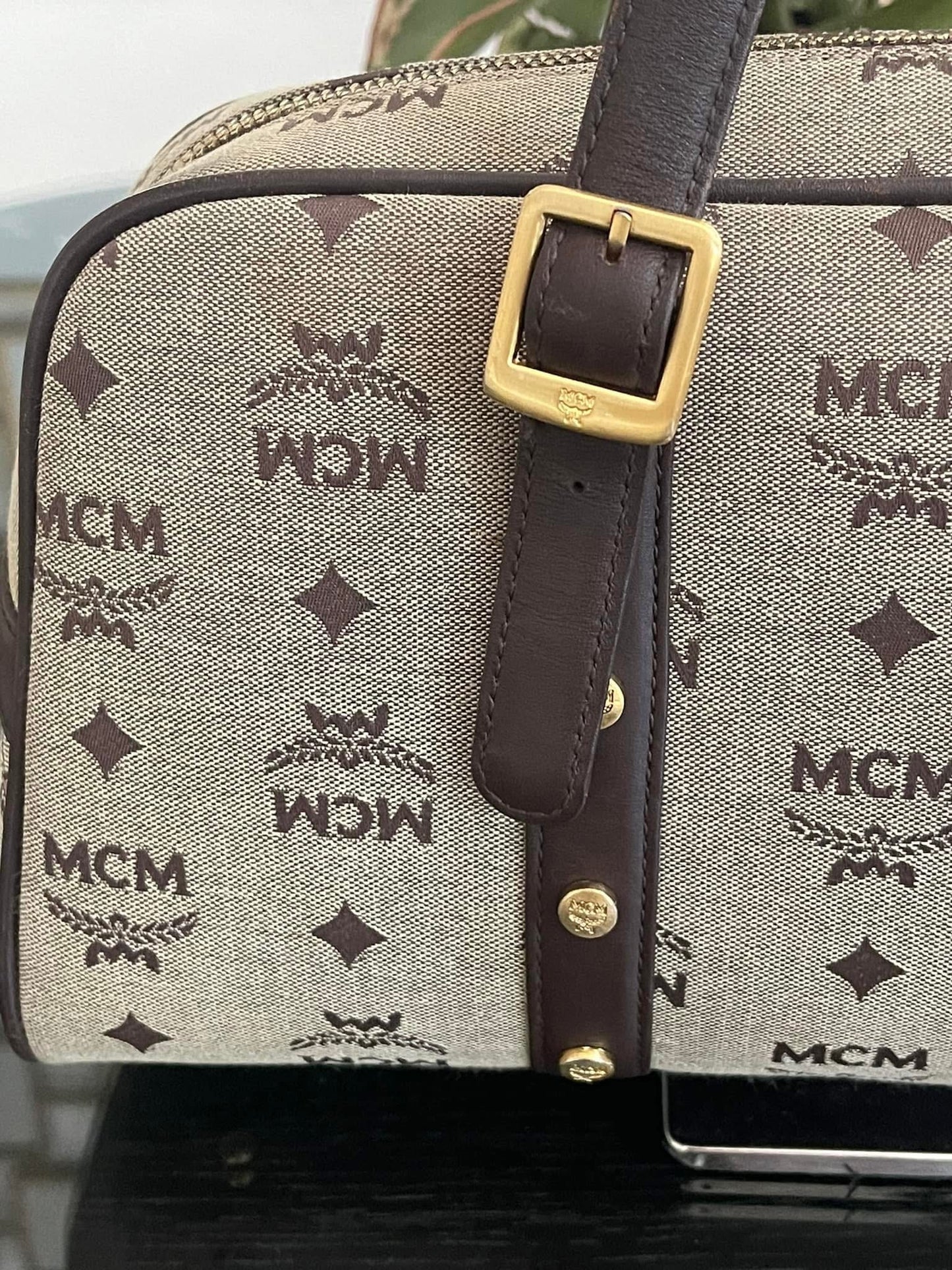 MCM Studded Logo Motifs Brown Canvas Leather Shoulder Bag