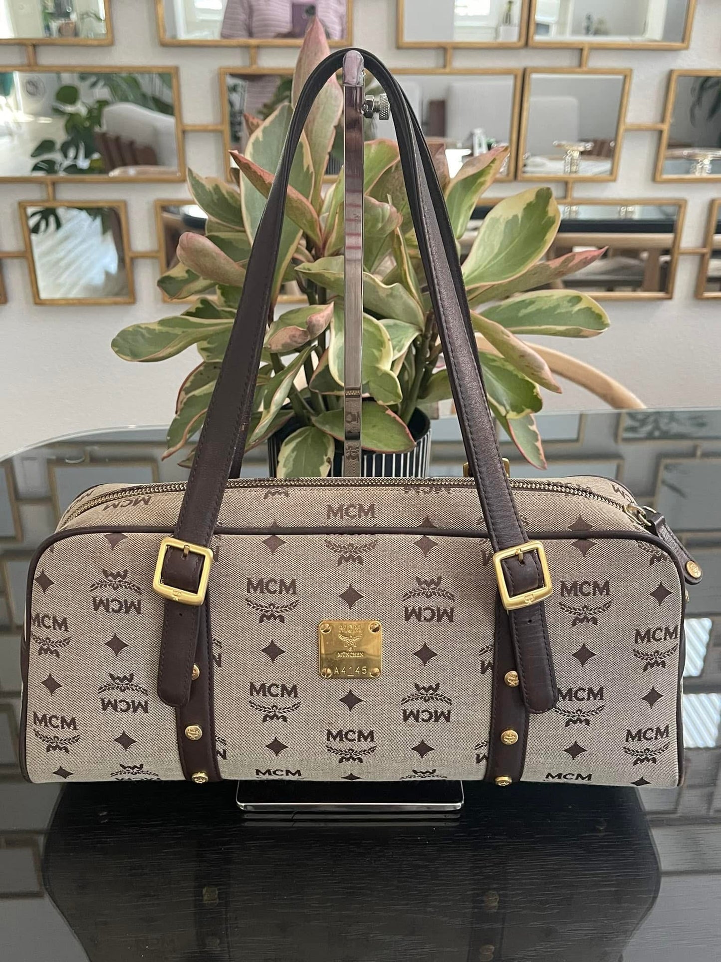 MCM Studded Logo Motifs Brown Canvas Leather Shoulder Bag