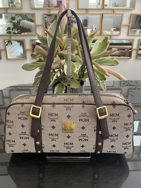 MCM Studded Logo Motifs Brown Canvas Leather Shoulder Bag