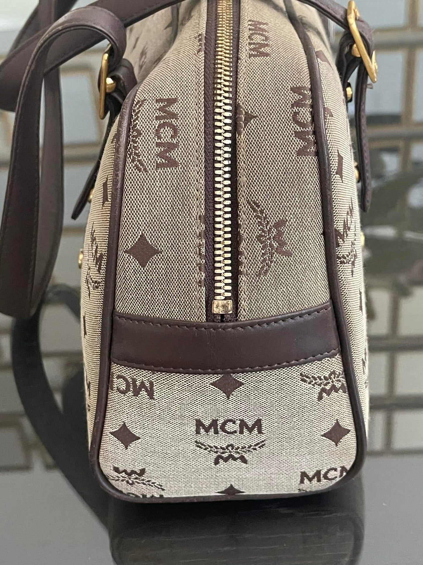 MCM Studded Logo Motifs Brown Canvas Leather Shoulder Bag