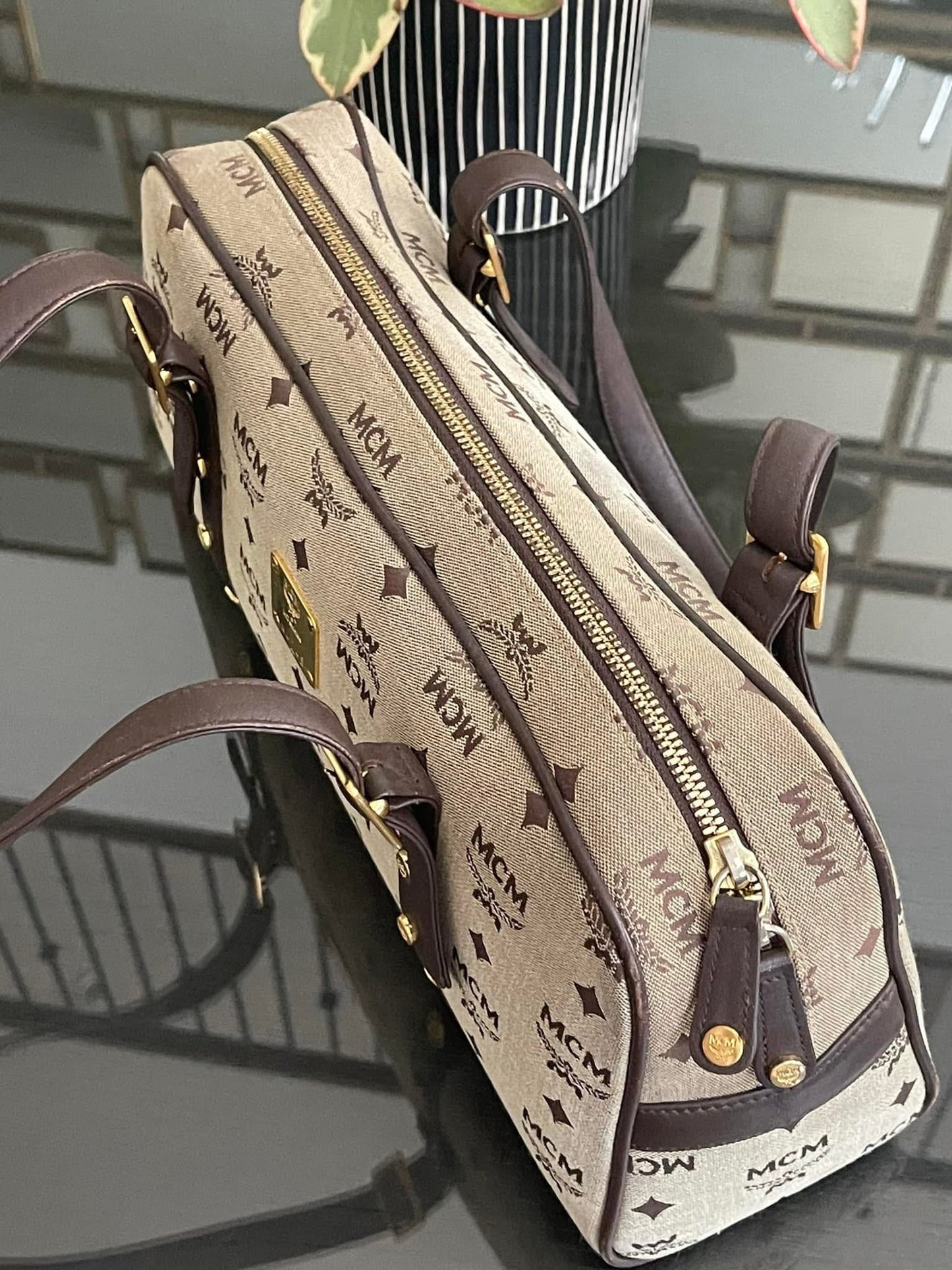 MCM Studded Logo Motifs Brown Canvas Leather Shoulder Bag
