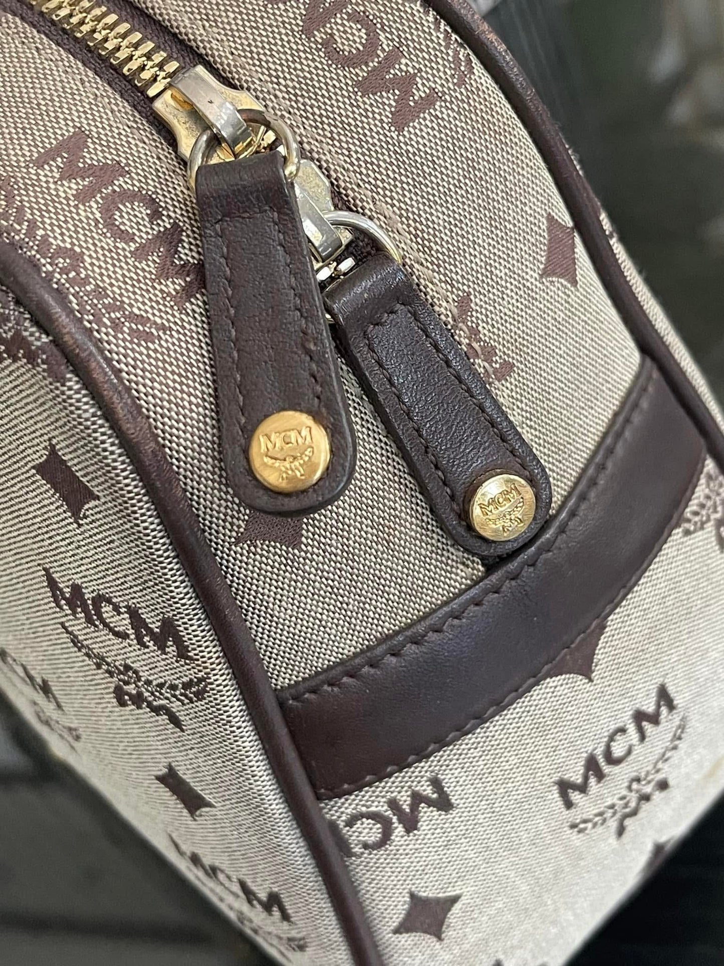 MCM Studded Logo Motifs Brown Canvas Leather Shoulder Bag