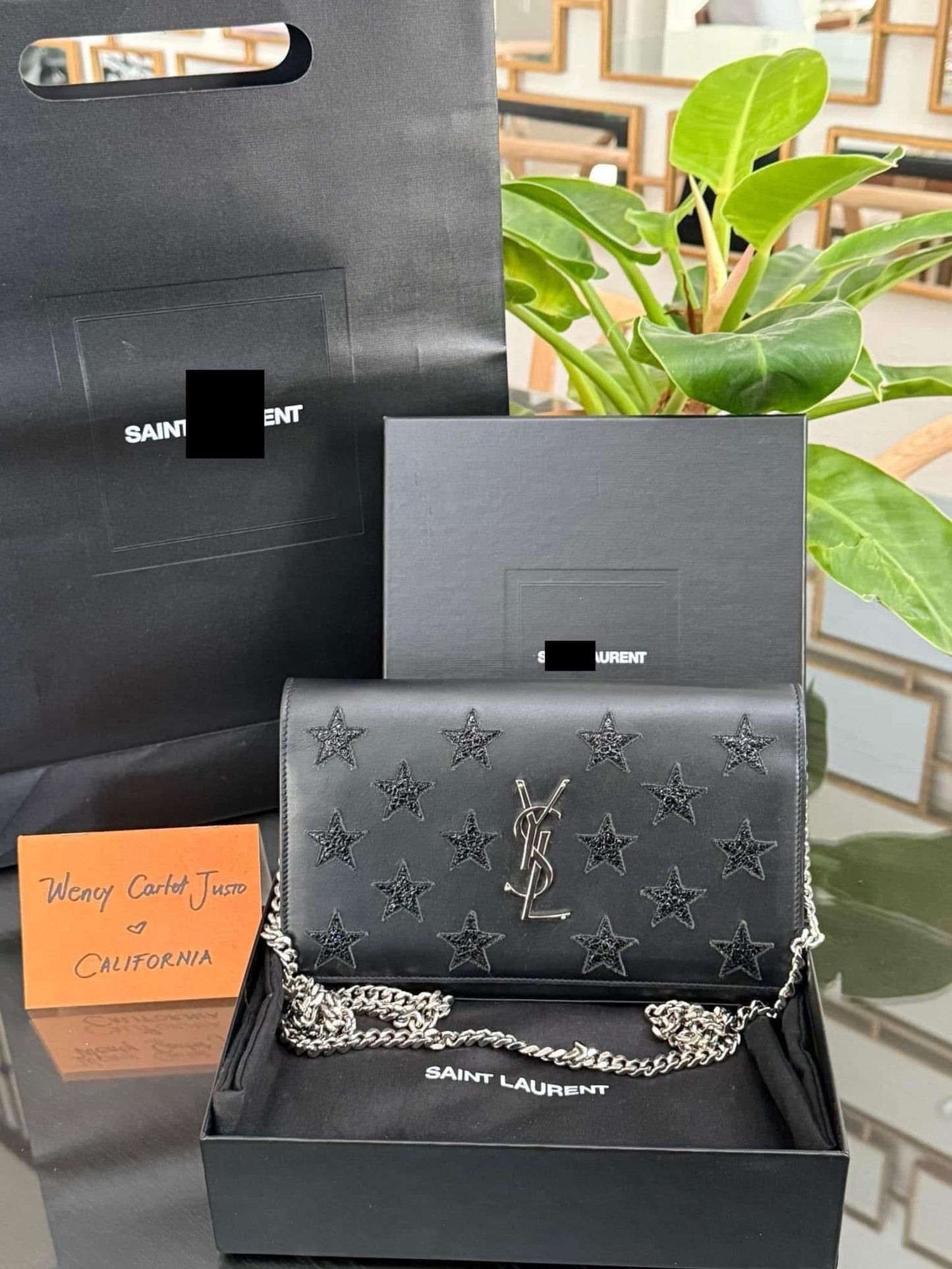 Kate Stars Calfskin Leather Chain Clutch Crossbody 📦 With Box, Dustbag, Cards, and Paper Bag