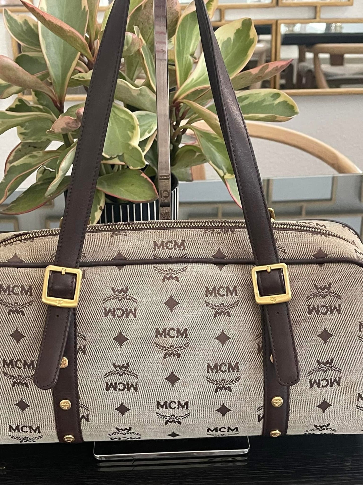MCM Studded Logo Motifs Brown Canvas Leather Shoulder Bag