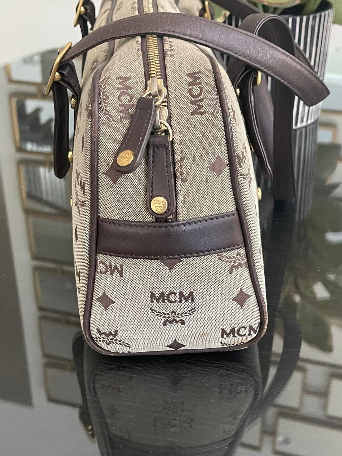 MCM Studded Logo Motifs Brown Canvas Leather Shoulder Bag